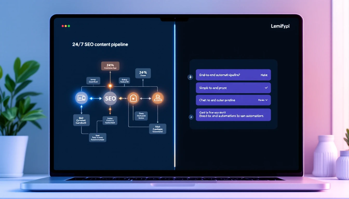 Trzy karty workflow z ikonami i strzałkami w pętli, pokazujące porównanie narzędzi AI do SEO i pipeline 24/7.