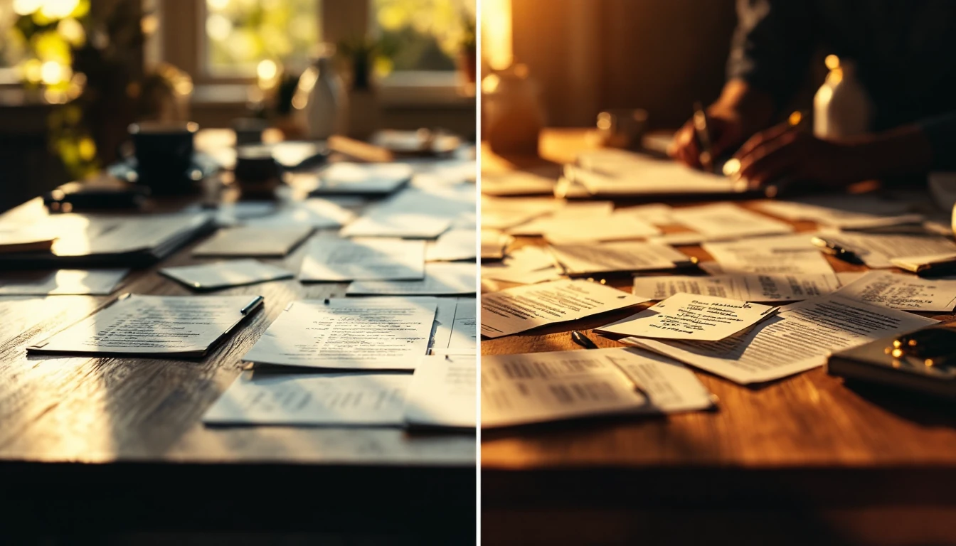 Porównanie: uporządkowany przepływ danych do workflow z etapami scoring i publikacji oraz chaotyczne notatki bez wdrożenia.