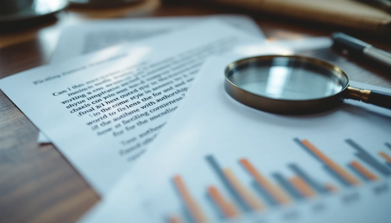 Magnifying glass over a blurred probability chart next to edited and handwritten notes, showing how AI detectors misread writing patterns.