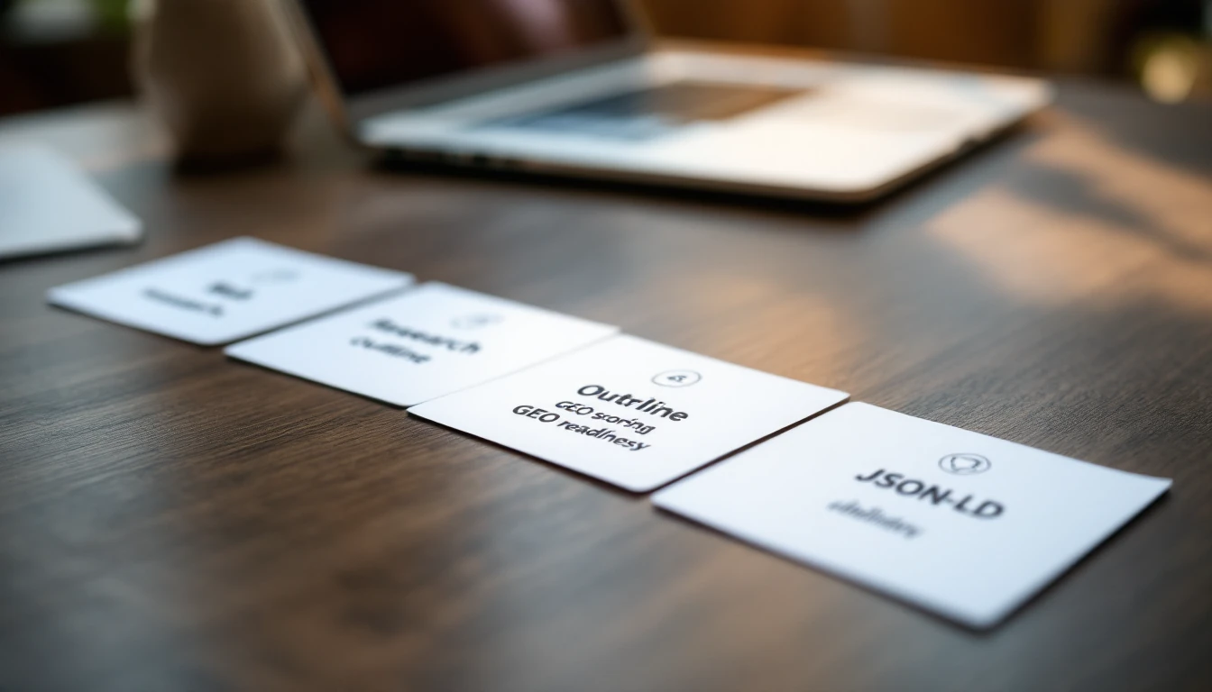 Icon-based cards arranged as a content pipeline on a desk, representing web research, outline, SEO scoring, GEO, and JSON-LD steps.