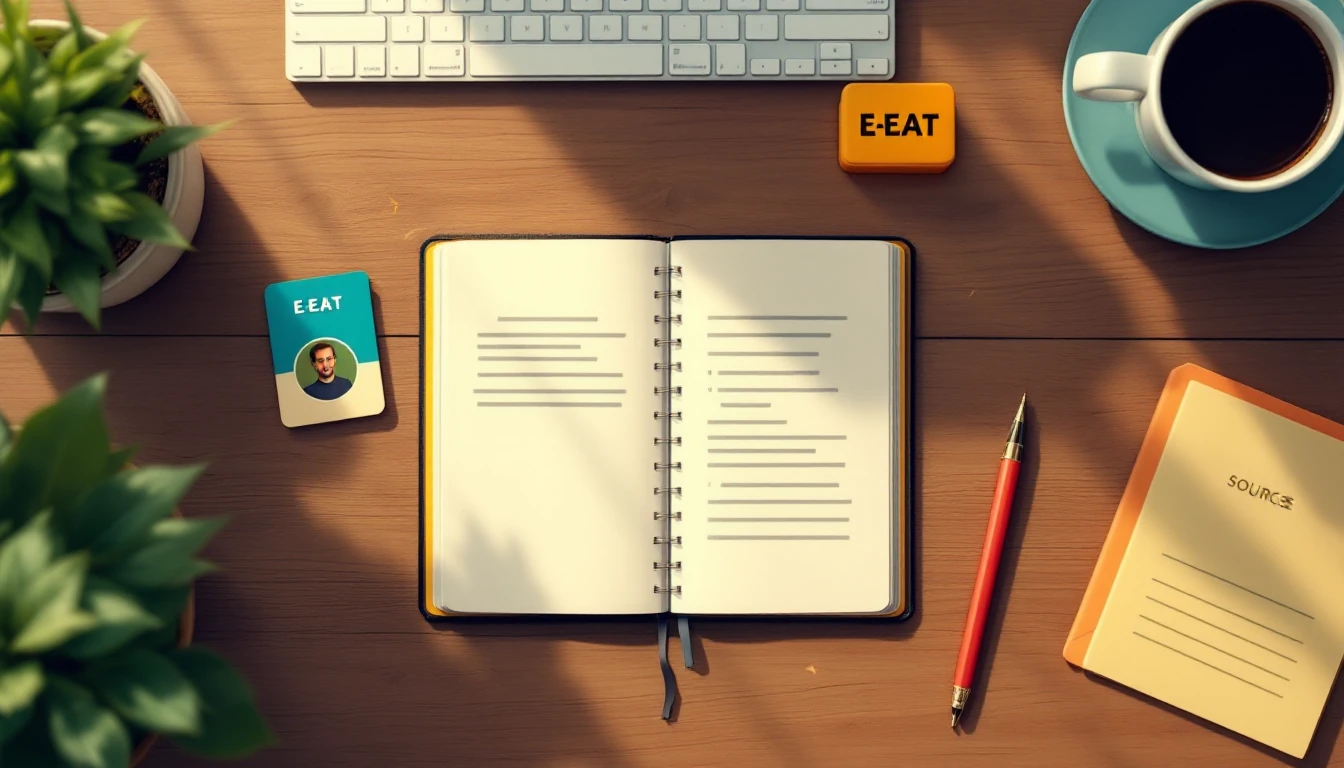 Top-down E-E-A-T layout with an open notebook, author profile card, blurred bullet points, and citation arrows, no readable text or labels.