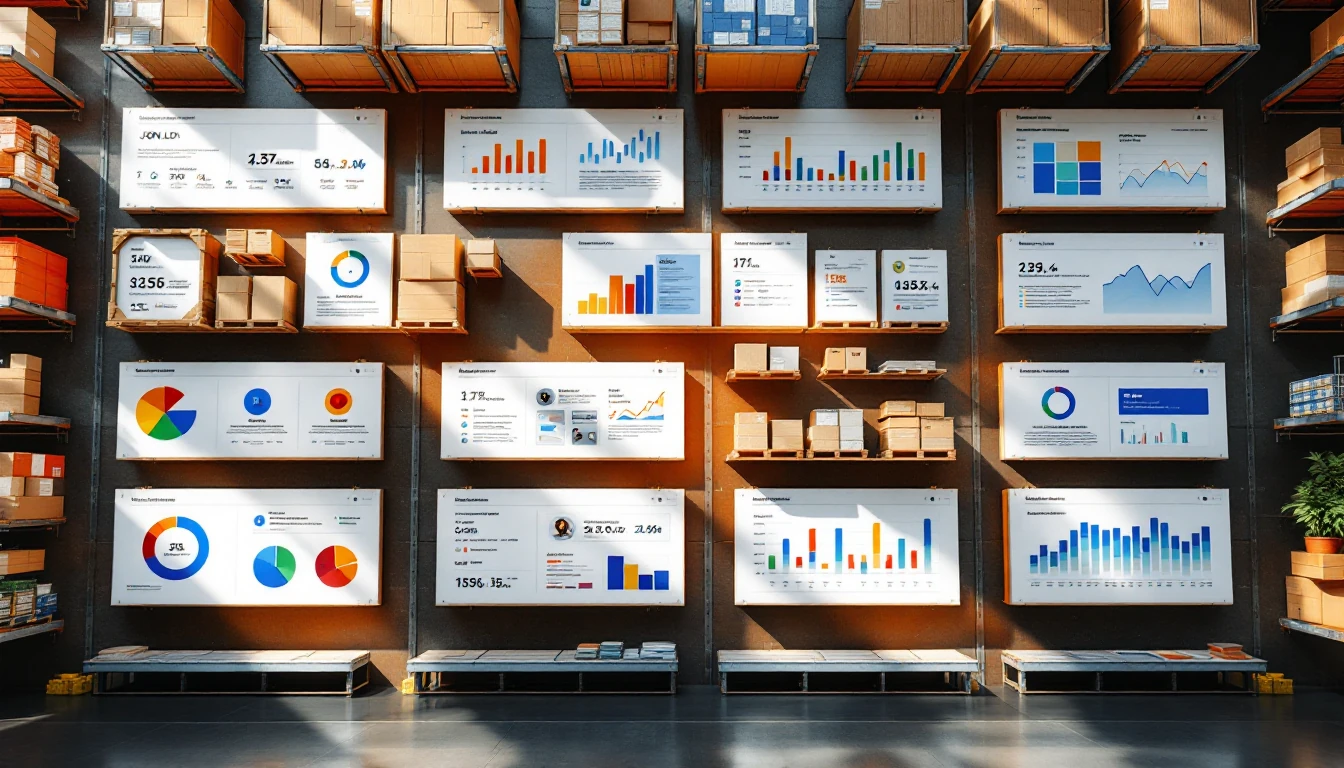 Top-down structured data layout with JSON-LD blocks, metadata panels, and a dashboard grid representing Search Console metrics, no readable numbers.