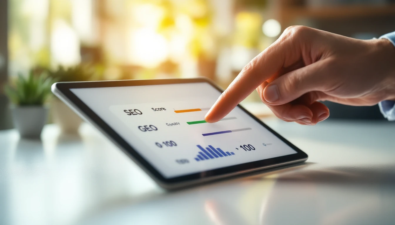 Tablet shows icon-based quality check with five SEO gauges and a 0–100 GEO bar indicator before publishing, no readable text.