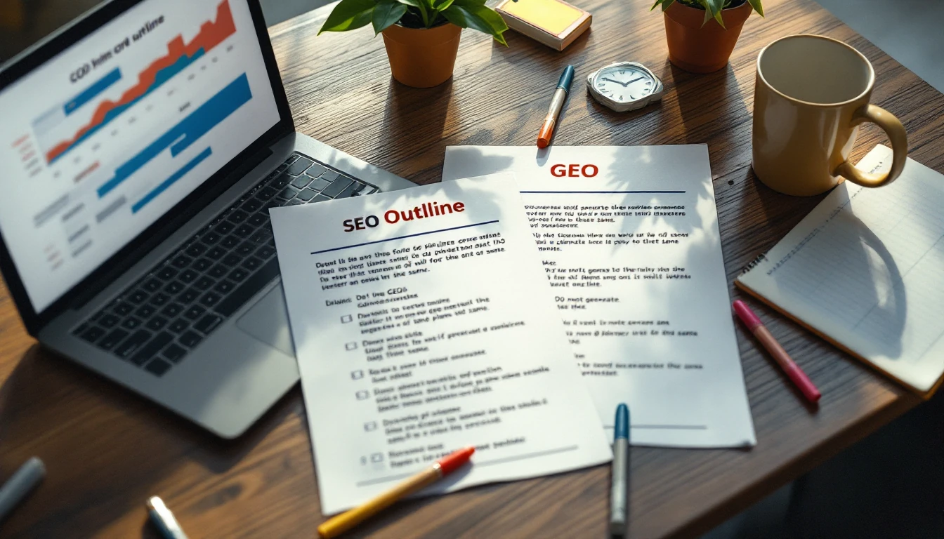 Porównywanie dwóch wersji outline: kolorowe znaczniki, laptop z zamazanymi wykresami scoring i checklistą blokowania duplikatów.