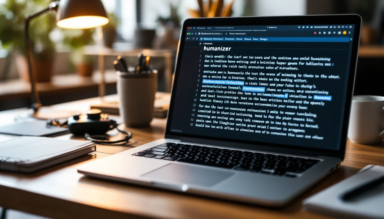 Biurko redakcyjne: laptop z rozmytym tekstem, obok checklist i minutnik, pokazuje ryzyko automatycznego „humanizowania”.