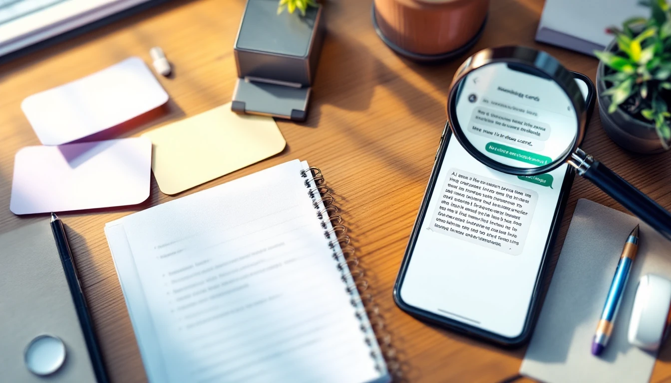 Stół z kartami wiedzy i lupą nad fragmentami tekstu, obok telefon z AI czatem bez czytelnych treści, ciepłe światło.