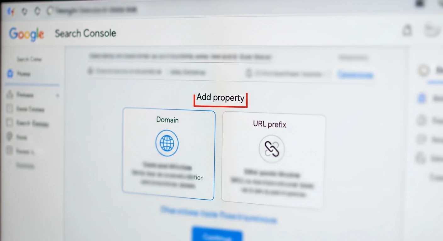 Zbliżenie na ekran komputera z etapem dodawania usługi w Google Search Console i weryfikacją własności, bez czytelnego tekstu.