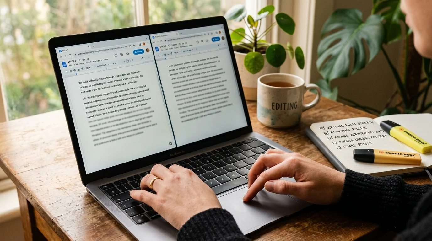 Zbliżenie na edycję tekstu na laptopie, obok checklisty i zakreślacz, widoczne porównanie akapitów, bez czytelnych napisów