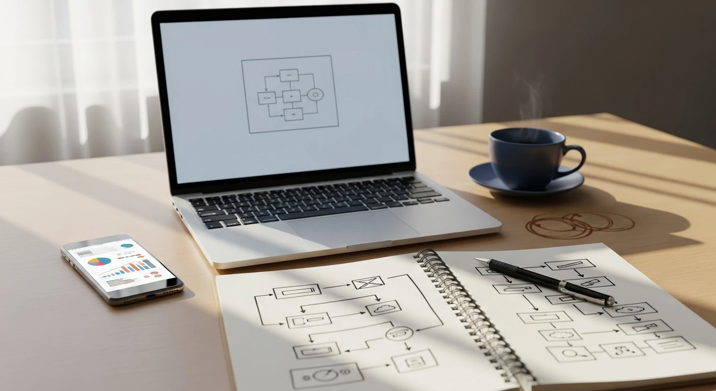 Stół roboczy z laptopem i szkicowaną strukturą treści, ilustrujący web research i budowanie outline