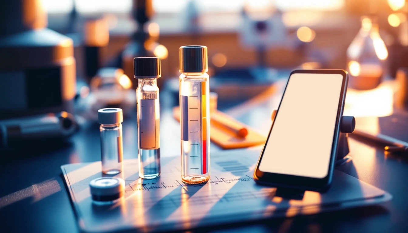 Ława laboratoryjna z trzema probówkami i kołem kalibracji; wykres na telefonie jest niewypełniony i bez czytelnych napisów.