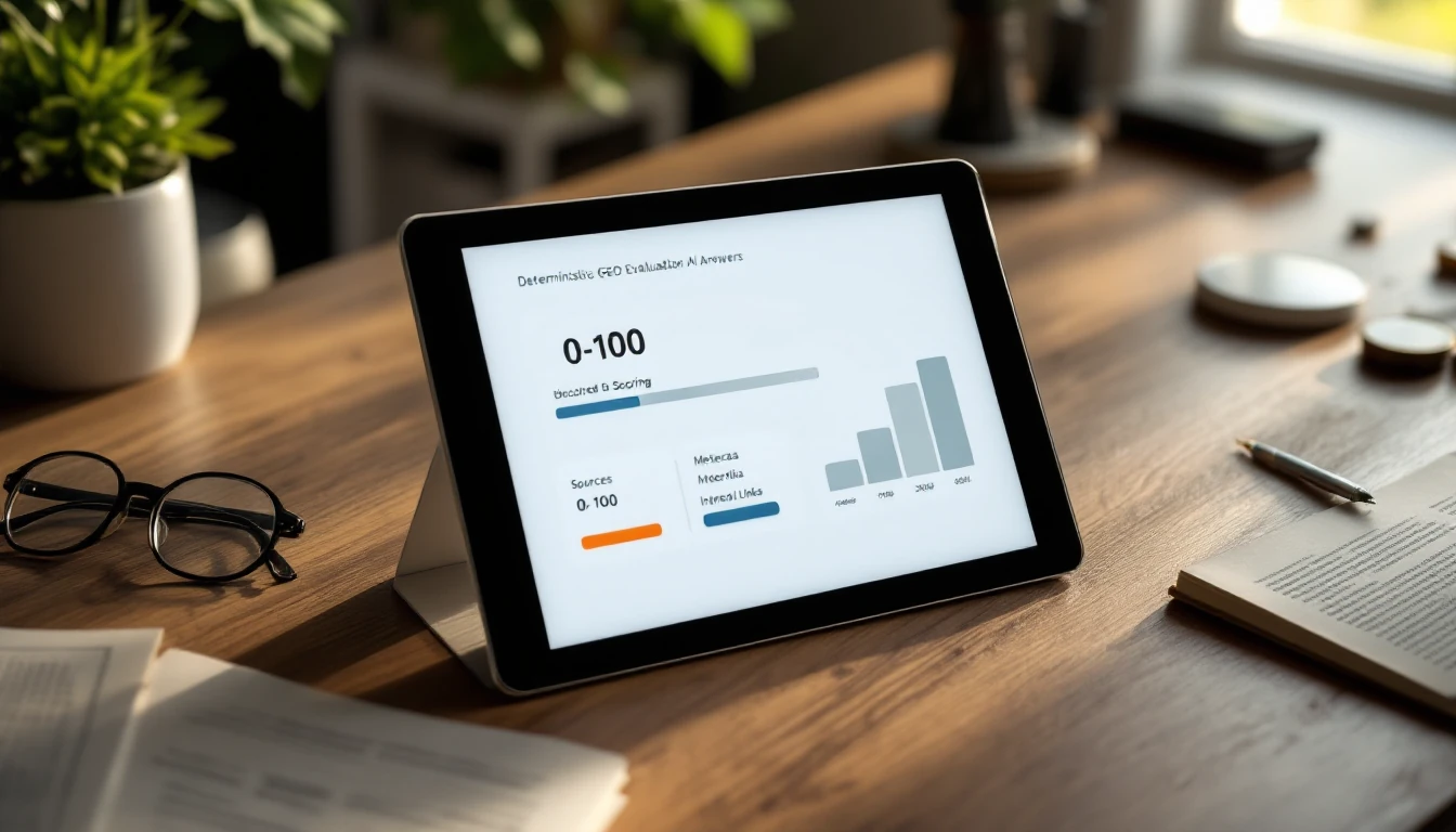 Tablet z rozmytym paskiem oceny 0–100 oraz ikonami źródeł, metadanych, linkowania i schematów, nastrój analizy GEO.
