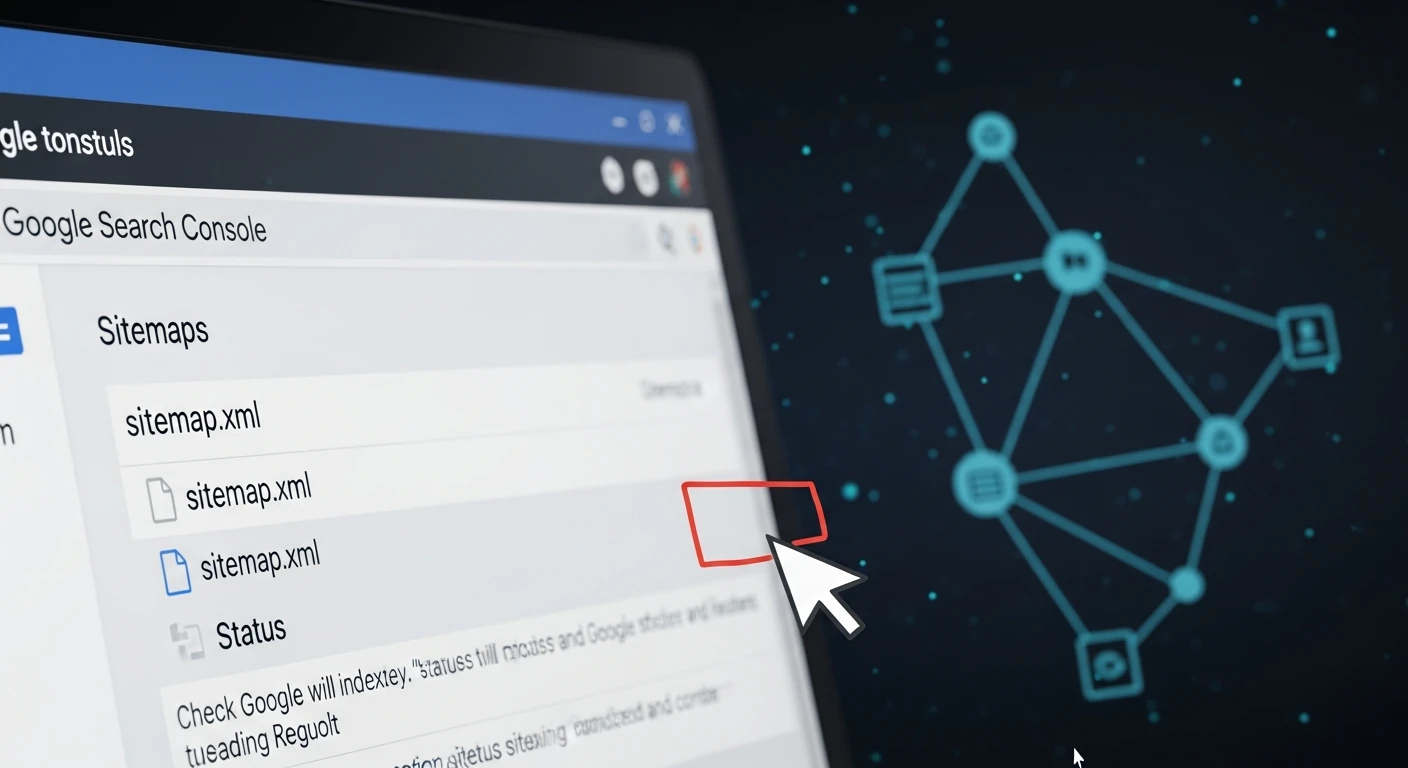 Zdjęcie: przeglądarka z ikoną pliku sitemap.xml i diagramem przetwarzania w tle, kursor wskazuje obszar statusu, bez czytelnych napisów.