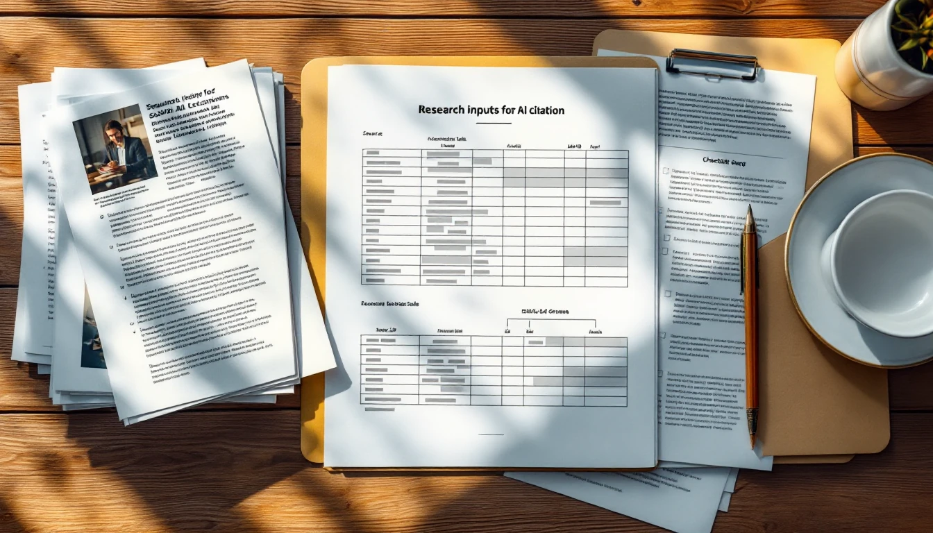 Overhead arrangement of source cards, a blurred comparison table, and a schema-style diagram for AI-ready citation data.