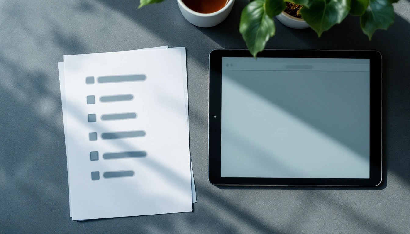 Overhead view of a blurred checklist card and a tablet outline, illustrating llms.txt as guidance for reading and interpreting content.