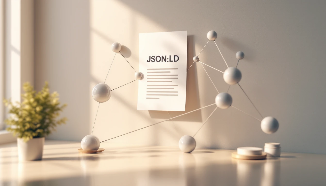 Minimal network of connected nodes around a central JSON-LD icon, showing llms.txt synergy with structured data and internal linking.