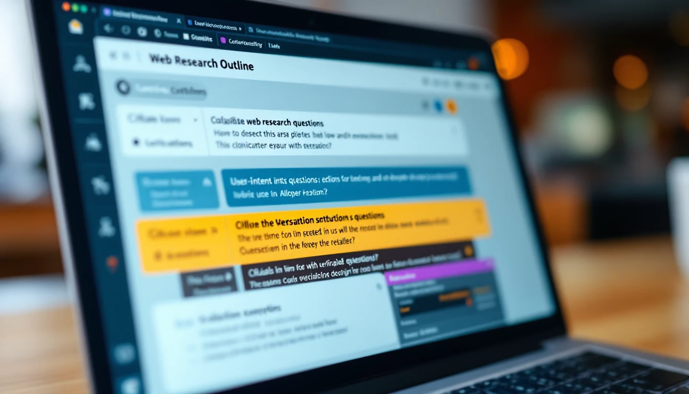 Infografika mapująca intencje na sekcje: pytania, definicje i fragmenty cytowań, z rozmytym tekstem i bez napisów.