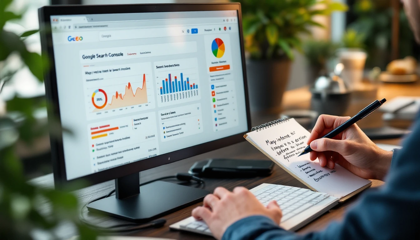 W biurze SEO dłonie tworzą outline na notatniku, a na ekranie widać wykresy z Google Search Console i intencje wyszukiwania.