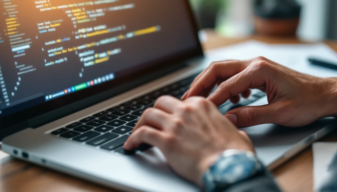 Zbliżenie na dłonie wpisujące dane strukturalne JSON-LD na klawiaturze, z kartką schematu obok, ekran rozmyty.