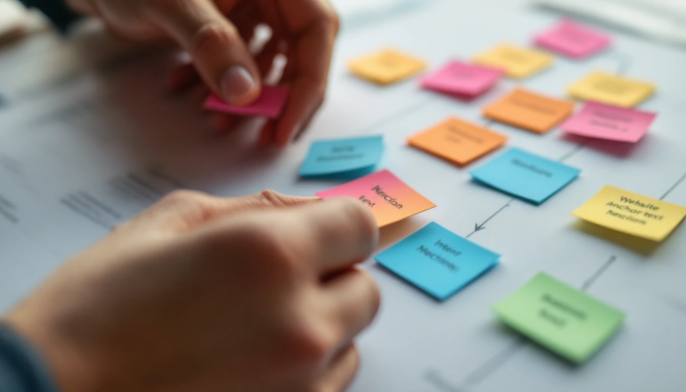 Hand placing out-of-focus sticky tags on a flow diagram of website sections, highlighting natural anchor text intent matching.