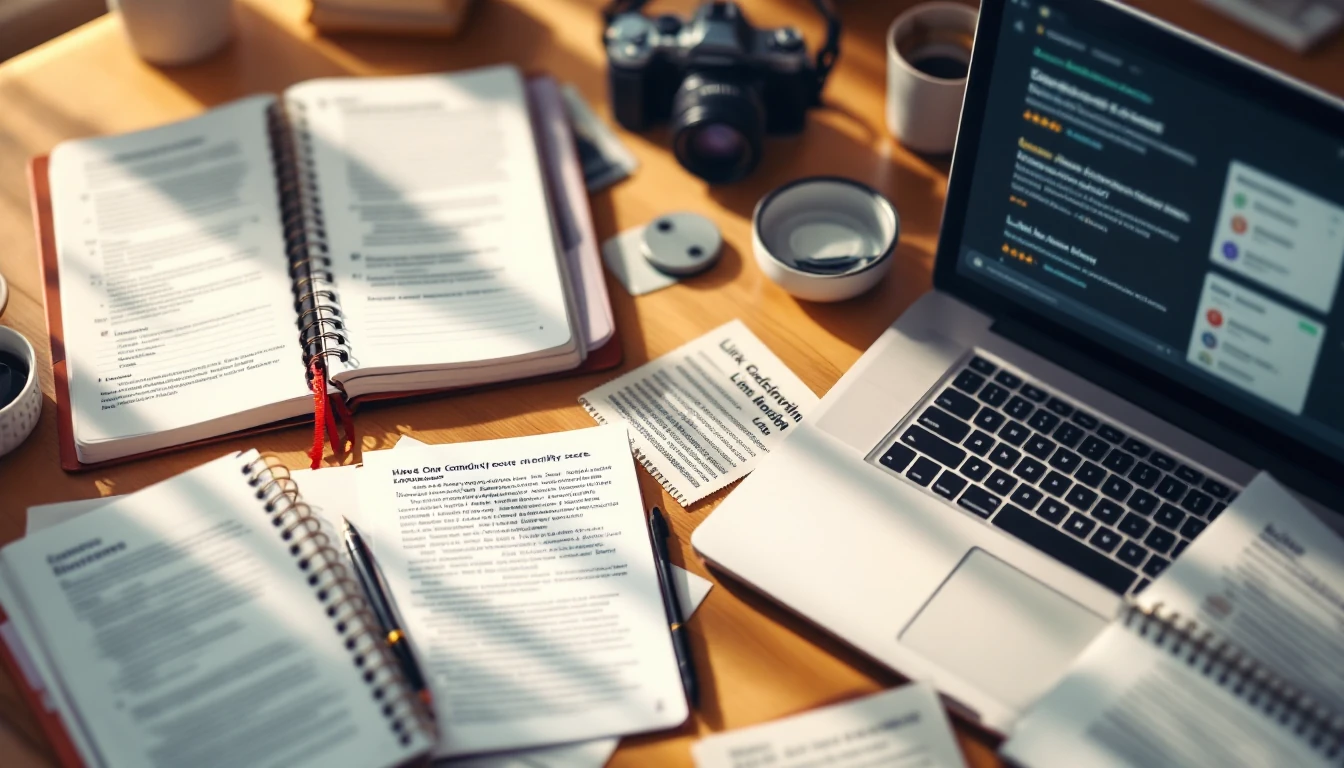 Desk with open notebooks and research materials clustered thematically, with a laptop showing blurred credibility score widgets and link suggestions.