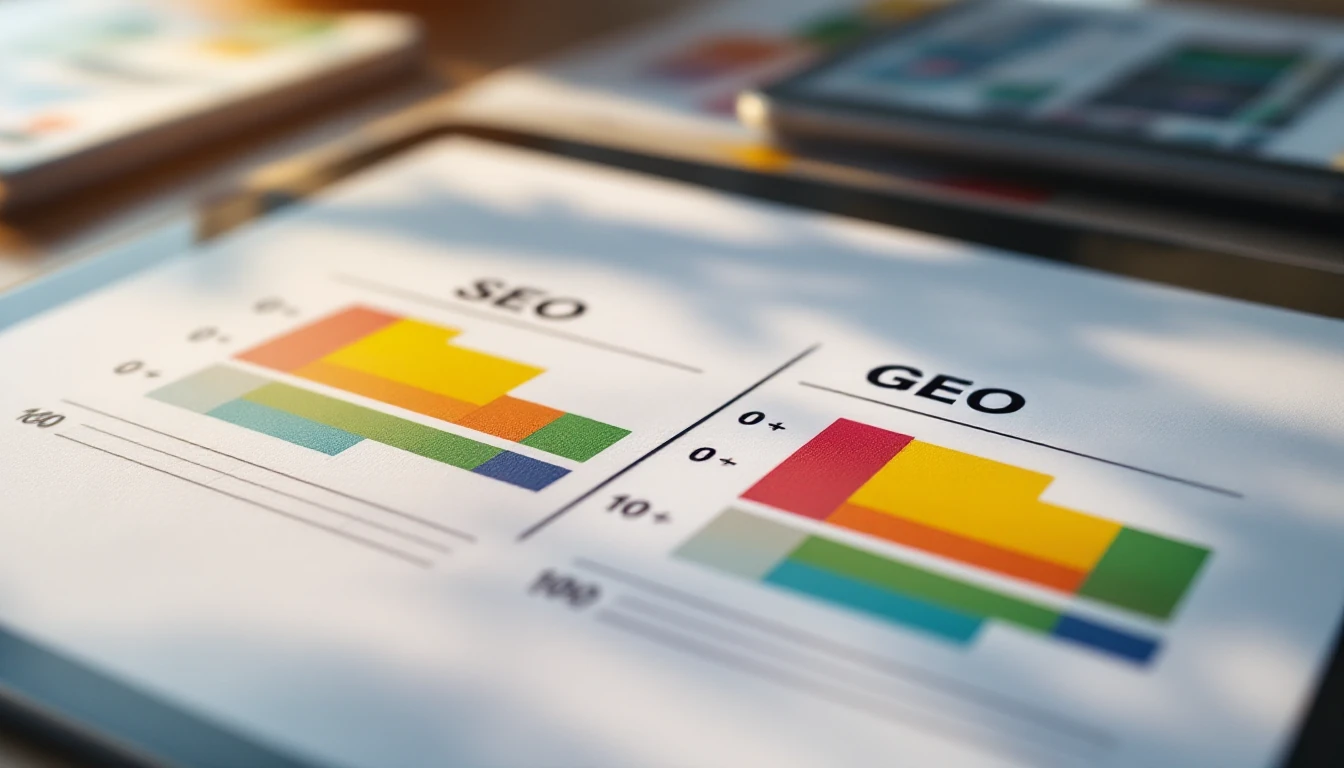 Zbliżenie na checklistę i tablet z dwoma kartami wyników SEO i GEO 0–100, z kolorowymi paskami, bez czytelnych napisów.