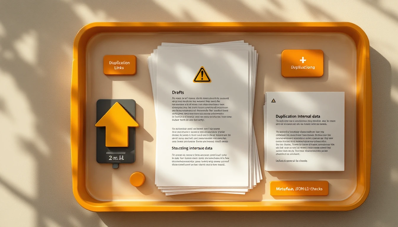 Overhead AI pipeline tray showing three drafts, a duplication warning symbol, and separate lanes for internal links and metadata/JSON-LD checks.