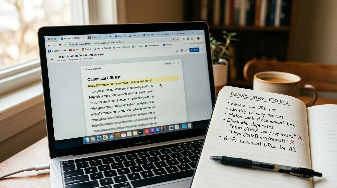 Notebook and laptop show a deduplication workflow, with a canonical URL list being prepared for safe AI summarization.