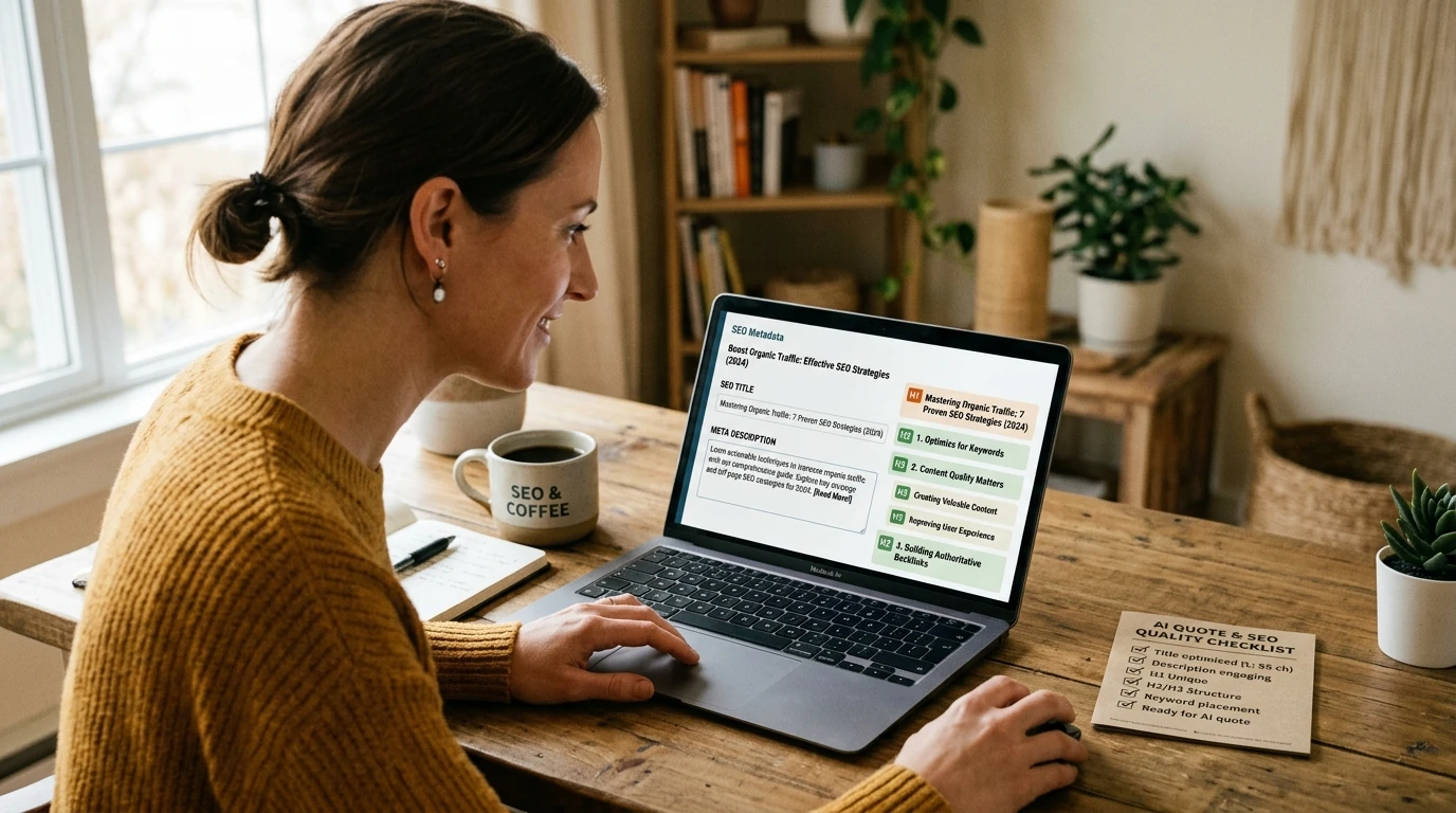 Marketer edits title, meta description, and heading structure on a laptop, alongside a quality checklist for better AI quoting.