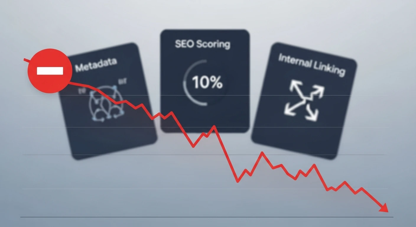 Zbliżenie na wykres spadku widoczności w panelu analitycznym oraz trzy nieostre karty symbolizujące scoring SEO, metadane i linkowanie.