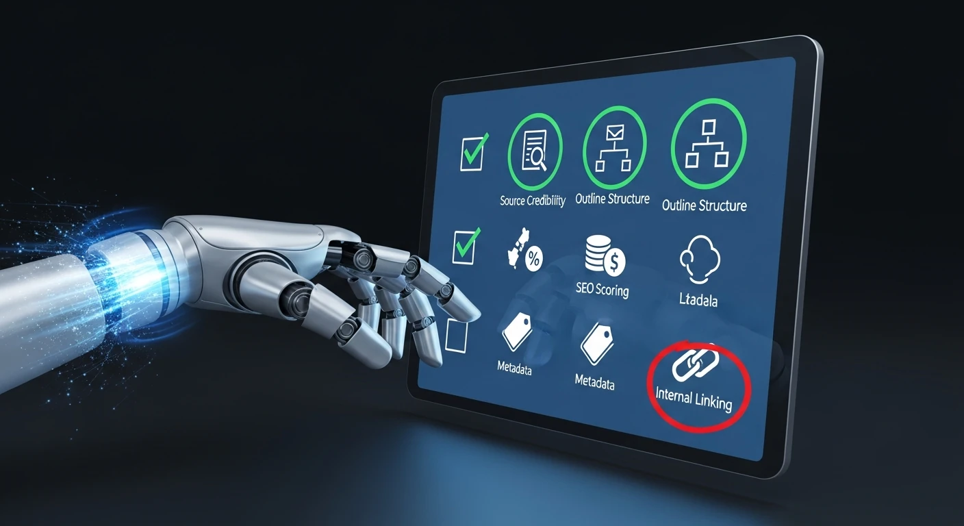 Ilustracja „pipeline” automatyzacji zatrzymanego na tablicy kontrolnej z ikonami: źródła, outline, scoring SEO, metadane i linkowanie.